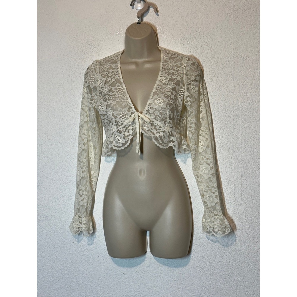 Vintage Style Cream Floral Lace Crop Shrug Bolero Tie Front Ruffle Trim Ivory XS